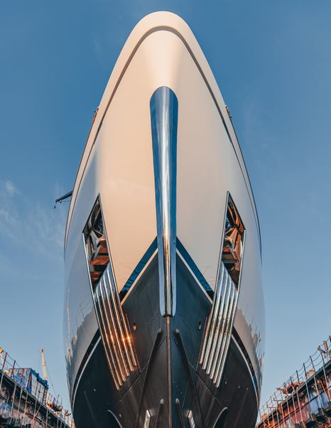 Under bow of superyacht Miss Leen at launch
