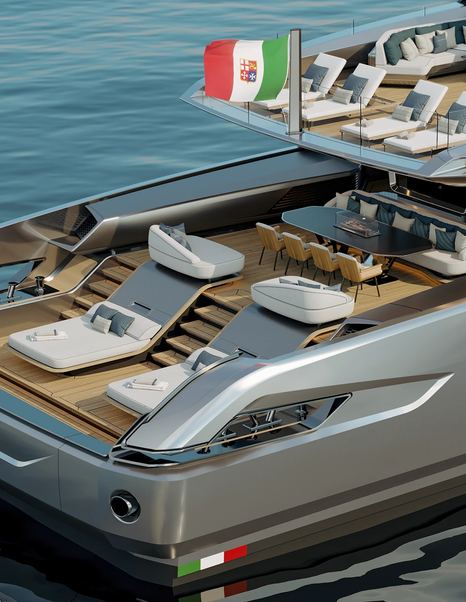 Rendering of Baglietto FAST50 Superyacht stern with multiple lounging and dining areas 