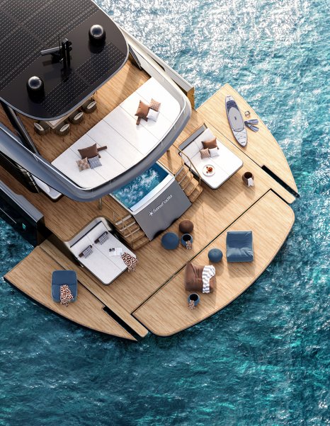 Sunreef Ultima 88 Ocean Lounge viewed from above with fold-down stern terraces deployed