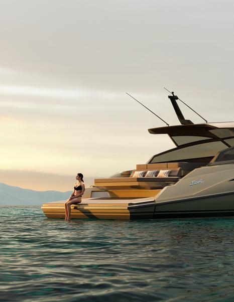 Rendering of woman on stern of Fiart SX5 boat 