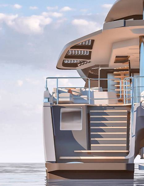 Rendering of Fountaine Pajot FPY120 catamaran port side of stern 