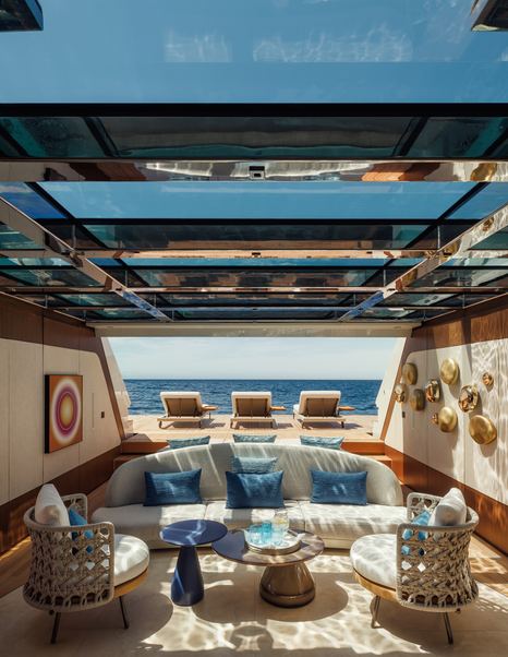 Sanlorenzo 74Steel superyacht Silver Fox beach club interior with glass ceiling 