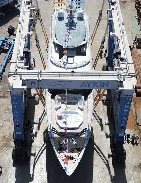 Aerial view of Orion Yachts Superyacht Orion One on trolley on way to launch