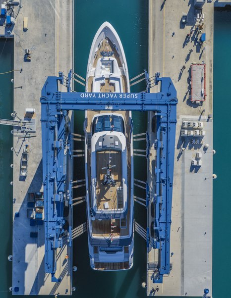Aerial view of Custom Line Saetta 128 Superyacht at launch