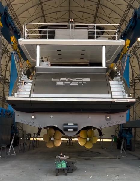 Azimut motor yacht Lance East at shipyard stern view 