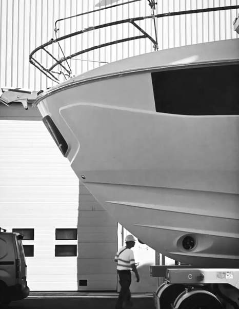 Prestige F6.7 motor yacht on wheels side view 