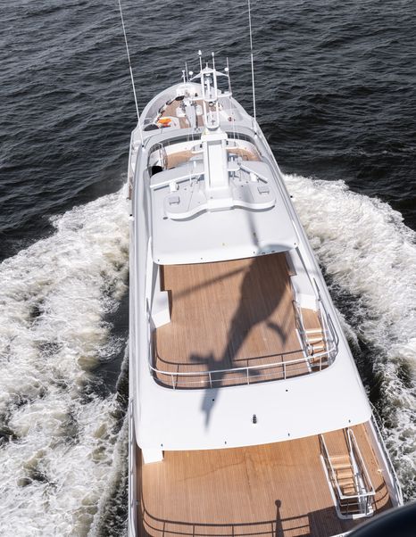 Aerial shot of Superyacht Pa'lante upper decks while under way 