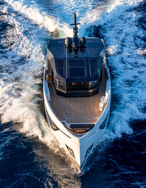 Bow shot of Arcadia A96new Superyacht under way 