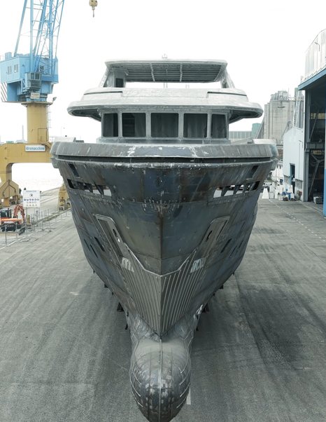 Front shot of CdM Flexplorer 165 explorer yacht pre-outfitting 