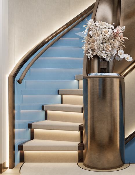 Rendering of Moonen 122 Martinique Superyacht Lollipop interior staircase 