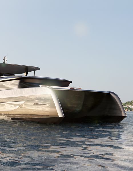 Sunreef Ultima 88 bow showing rounded hulls and low-profile exterior design