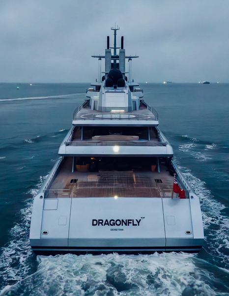 Aft of Superyacht Dragonfly under way
