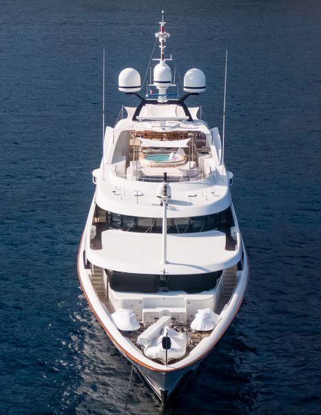 Shot of Superyacht Jaguar's bow on water