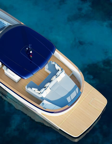 Aerial rendering of Apreamare Gozzo 42 boat stern with U-shaped seating