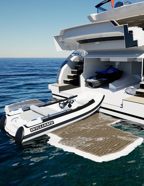 Pearl 100 Hybrid motor yacht hydraulic stern with tender being lowered into water 