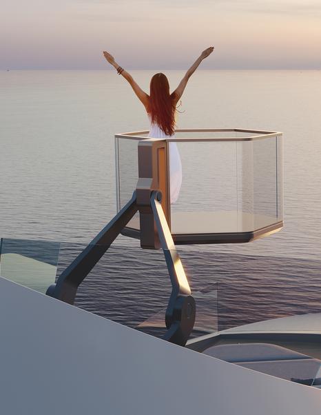 Feadship concept yacht C  announcement shows lady on high glass enclosed balcony with arms outstretched over calm water with sun setting in background