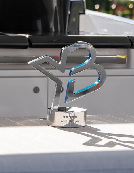 Close up of YachtBuyer Hall of Fame trophy