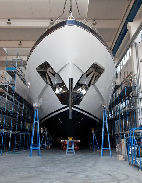 superyacht on stands in workshop