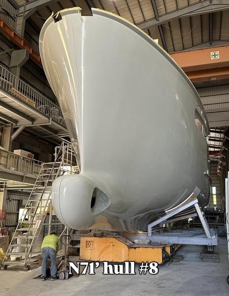 Nordhavn's Eighth N71 motor yacht at shipyard during hull construction 