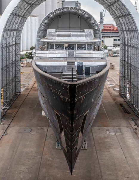Superyacht Cerulean (Project Thunderball) under construction foredeck shot 