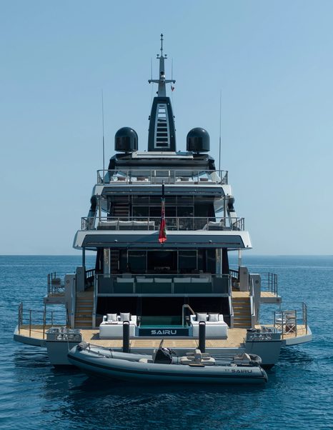 Stern view of Riva 54Metri Superyacht Sairu with tender 
