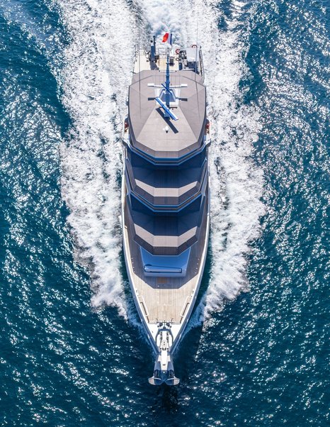 Aerial view of JFA Chantier Nava Canoa superyacht under way 