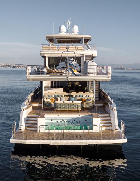 Shot of Explorer yacht Mitan stern on calm waters 
