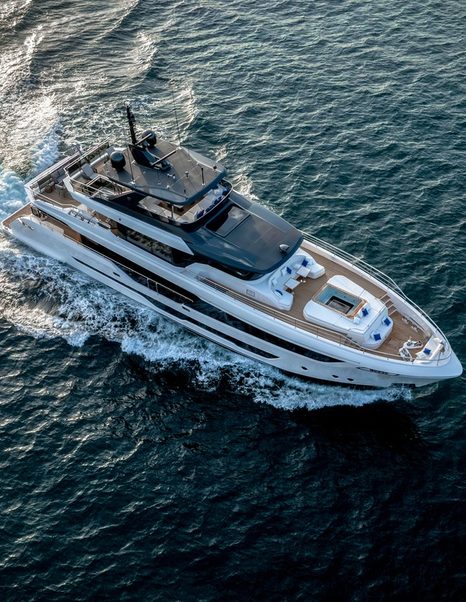 Aerial view of Majesty 112 Terrace Motor Yacht under way 
