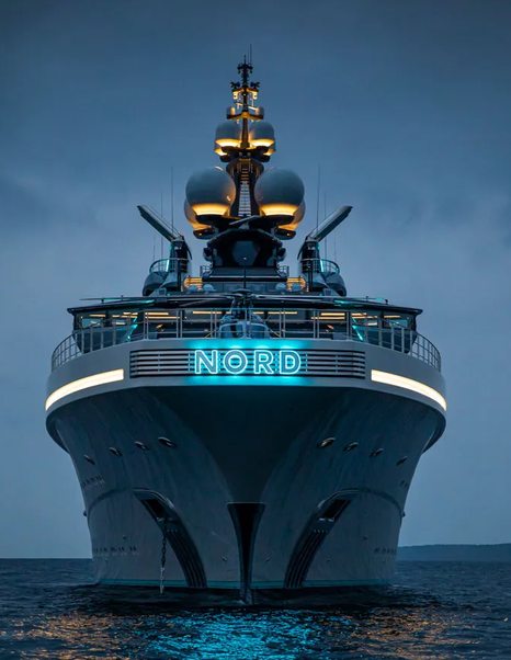 Superyacht Nord bow with lit up name emblem 