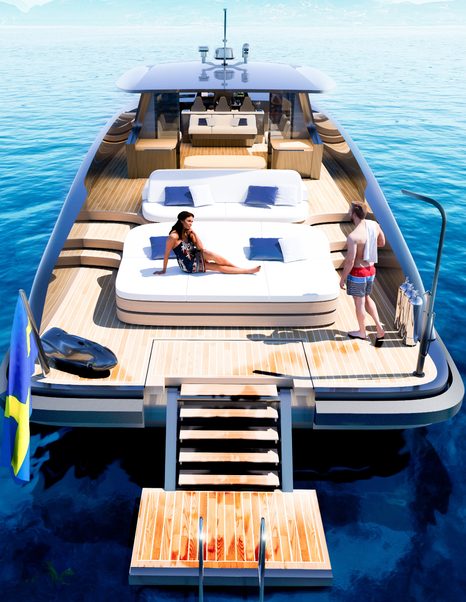 Rendering of Windy SR77 boat aft with couple sunbathing on large white sunpads and fold down stairs 