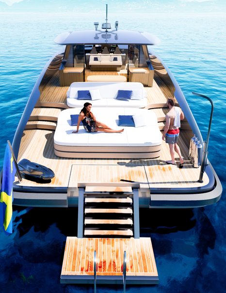 Rendering of Windy SR77 boat with couple sunbathing on aft sunpads 