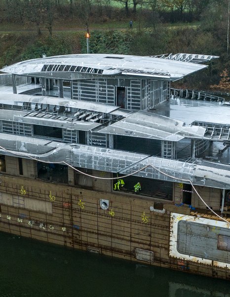 Close up of Abeking 6516 superyacht upper decks under construction