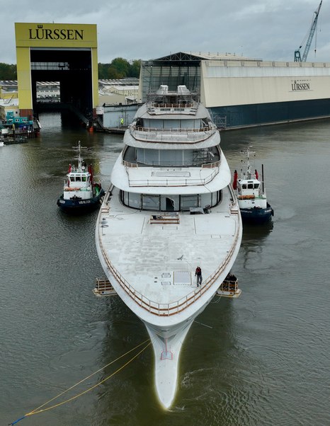 Close up of Superyacht Project Defy bow outside Lurssen shipyard in Bremen