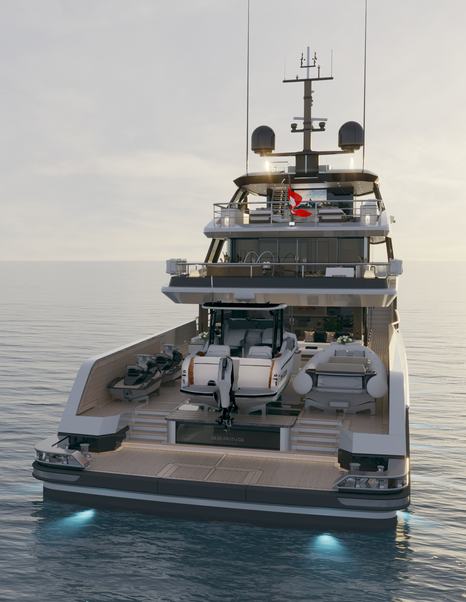 Rendering of Bering 165 Explorer Yacht stern