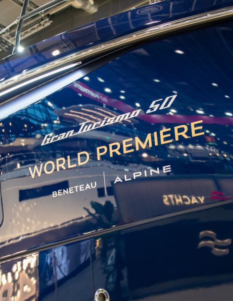 Close up of world debut sticker on Beneteau Gran Turismo 50 at the Boot Düsseldorf 2026 boat show 
