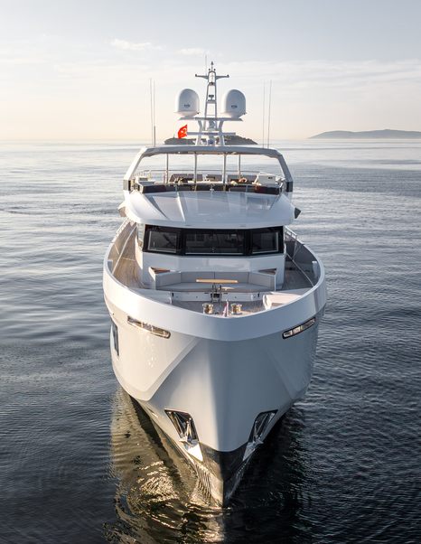 Shot of Explorer yacht Mitan bow on calm waters 