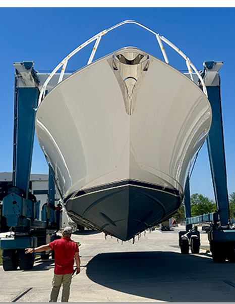 Bow shot of Viking 90C Sportsfisher Yacht while on cradle