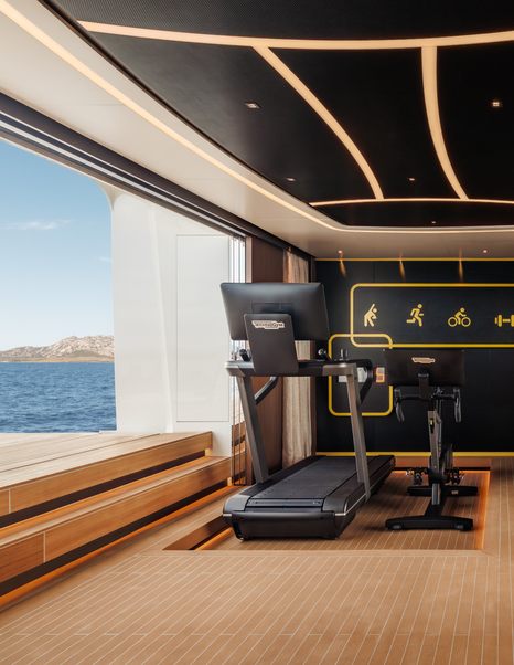 Sanlorenzo 74Steel superyacht Silver Fox indoor gym with fold out terrace 