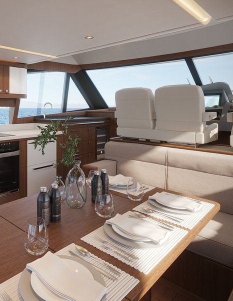 Riviera Belize 55 Daybridge interior wooden dining table and helm station 