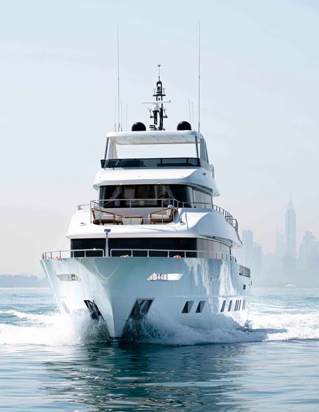 Bow shot of Nomad 101 superyacht under way 