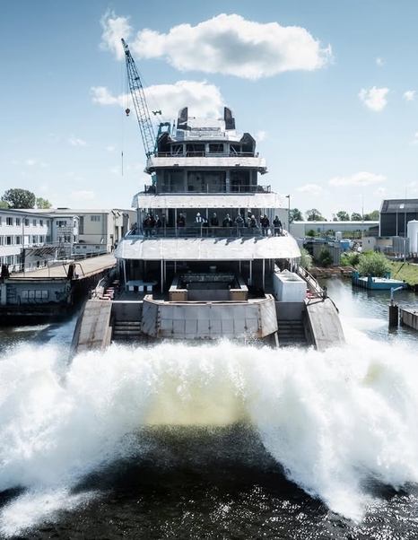Stern shot of Superyacht Project Ziggy entering water at technical launch