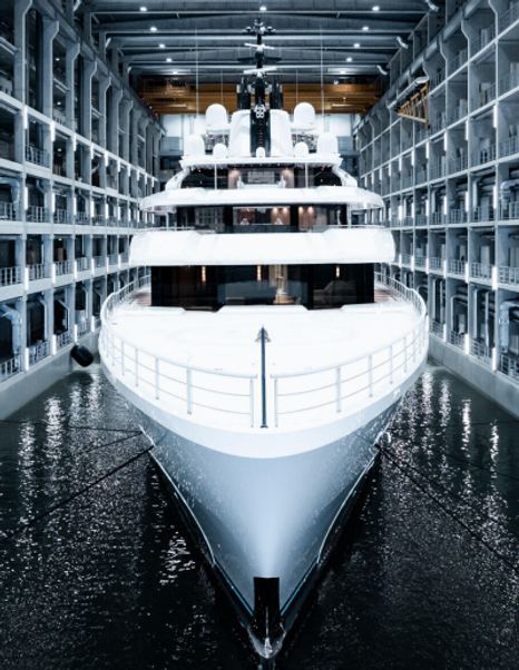 Close up of Superyacht Leviathan foredecks in shipyard 