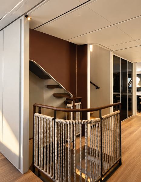 Rendering of Ferretti INFYNITO 100 Superyacht interior hallway staircase 