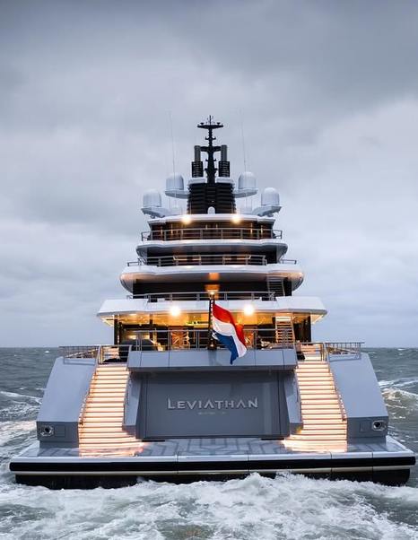 Close up of Superyacht Leviathan aft decks while under way 