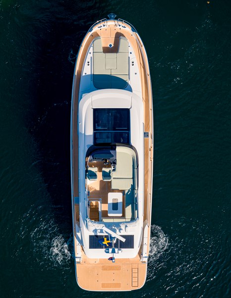 Aerial view of Nimbus 495 Flybridge motor yacht under way 