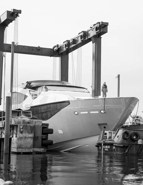 Sunseeker 134 Superyacht bow shot at Poole shipyard in black and white
