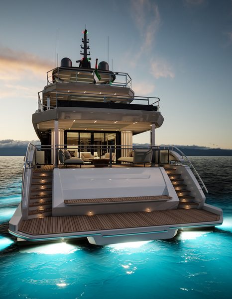 Majesty 112 Terrace Motor Yacht stern at night with underwater lights 