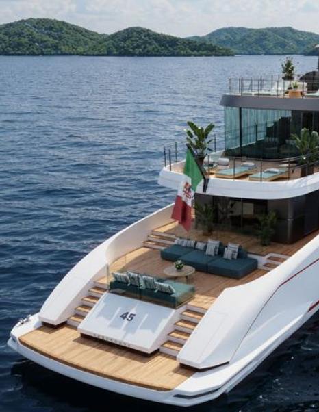 Rendering of Tecnomarine TM45 superyacht stern with blue sunpads and multiple lounging areas 