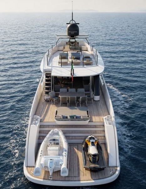 Rendering of Tecnomarine TM90 superyacht stern while under way with tenders stowed 