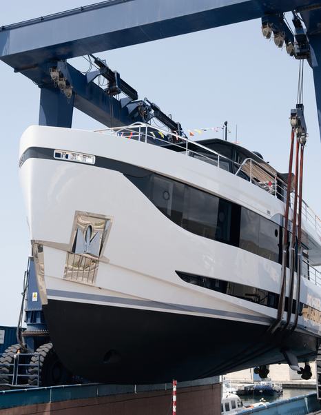 Third Arcadia A80 motor yacht at launch bow view 